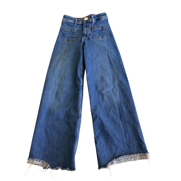 Zara Other - Zara Girls Medium Wash Wide Leg Jeans Raw Hem Front Patch Pockets Size 11-12